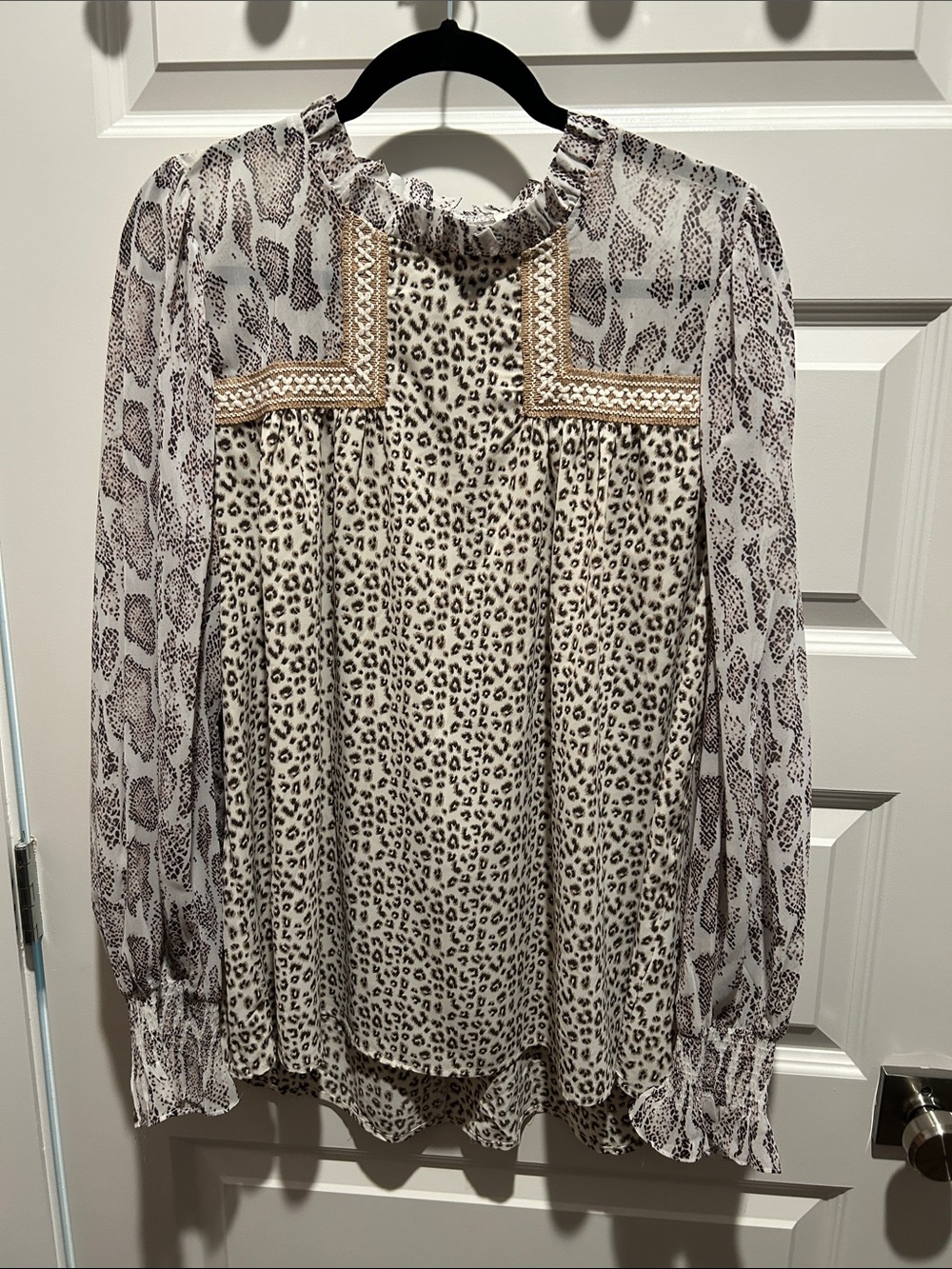 JODIFL Cream and Brown Leopard Print Ruffled Yoke Blouse